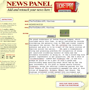 Ticketpro International News Admin Interface Screenshot